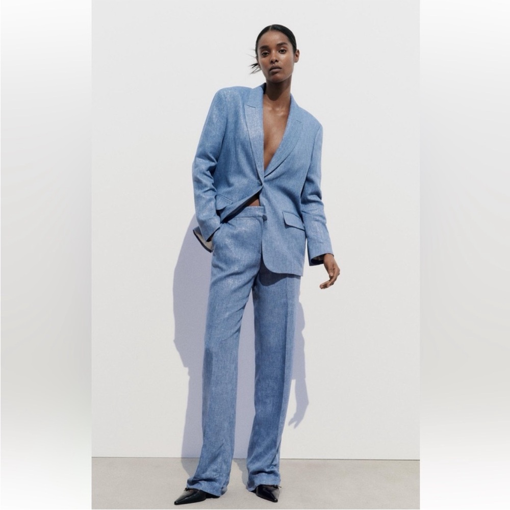 ZARA 2 PIECES MATCHING SET SHINY FABRIC JACKET & SHINY FABRIC STRAIGHT LEG PANTS